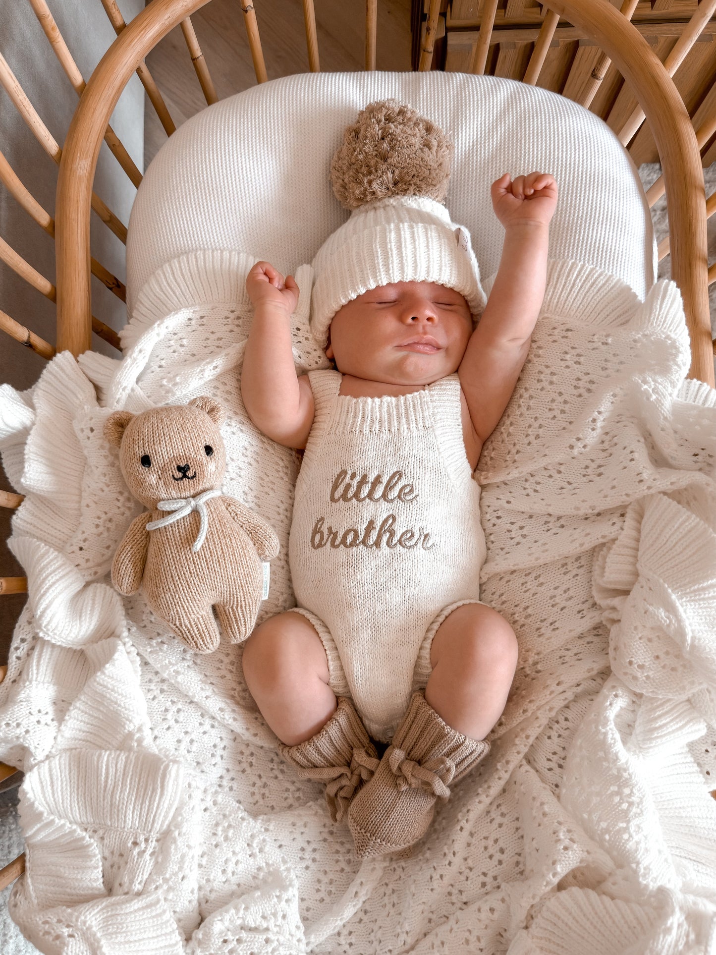 Set | Personalised Sleeveless Knit Baby Romper & Booties & Hat | Ivory & Cocoa