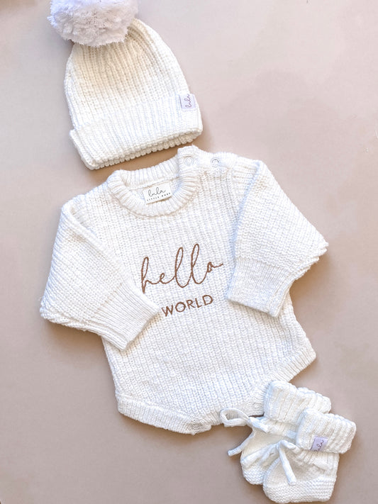 Hello world baby first outfit set | knit romper