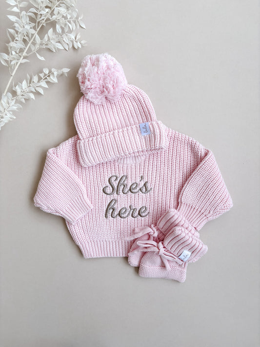 Set | Personalised Chunky Knit Baby Jumper & Booties & Hat | Blossom Pink