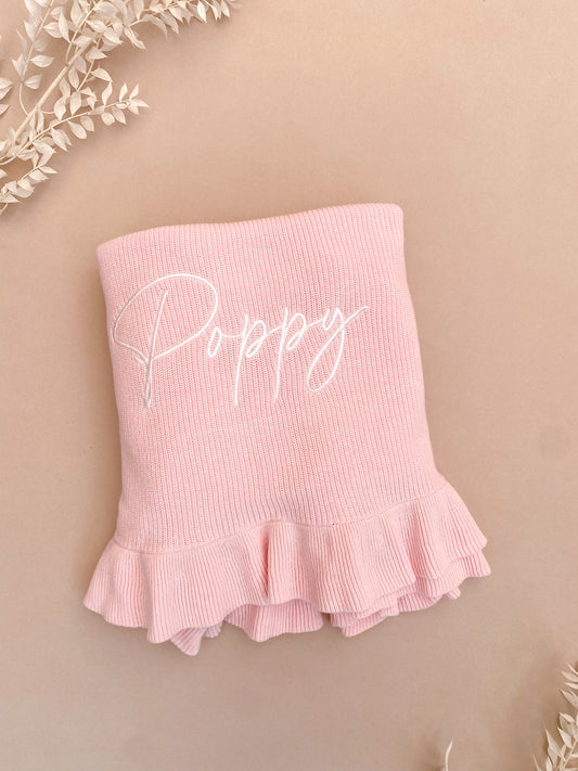 Personalised Frill Knit Baby Blanket | Blossom Pink