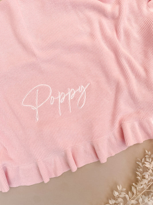Personalised Frill Knit Baby Blanket | Blossom Pink
