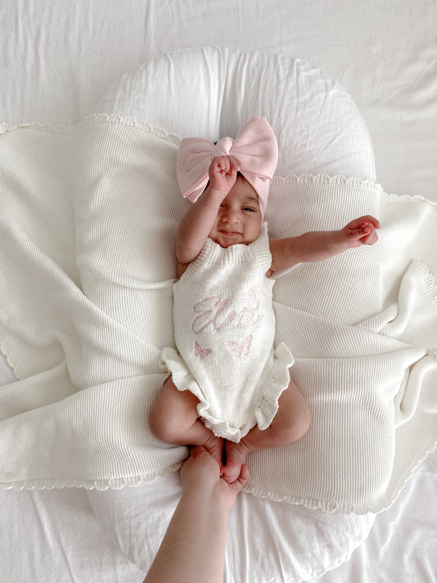 Personalised Sleeveless Frill Knit Butterfly Baby Romper | Ivory