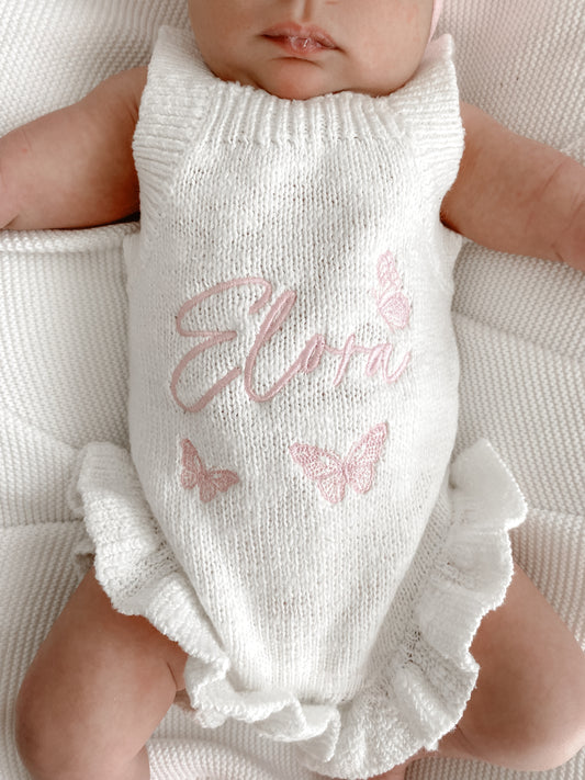 Personalised Sleeveless Frill Knit Butterfly Baby Romper | Ivory