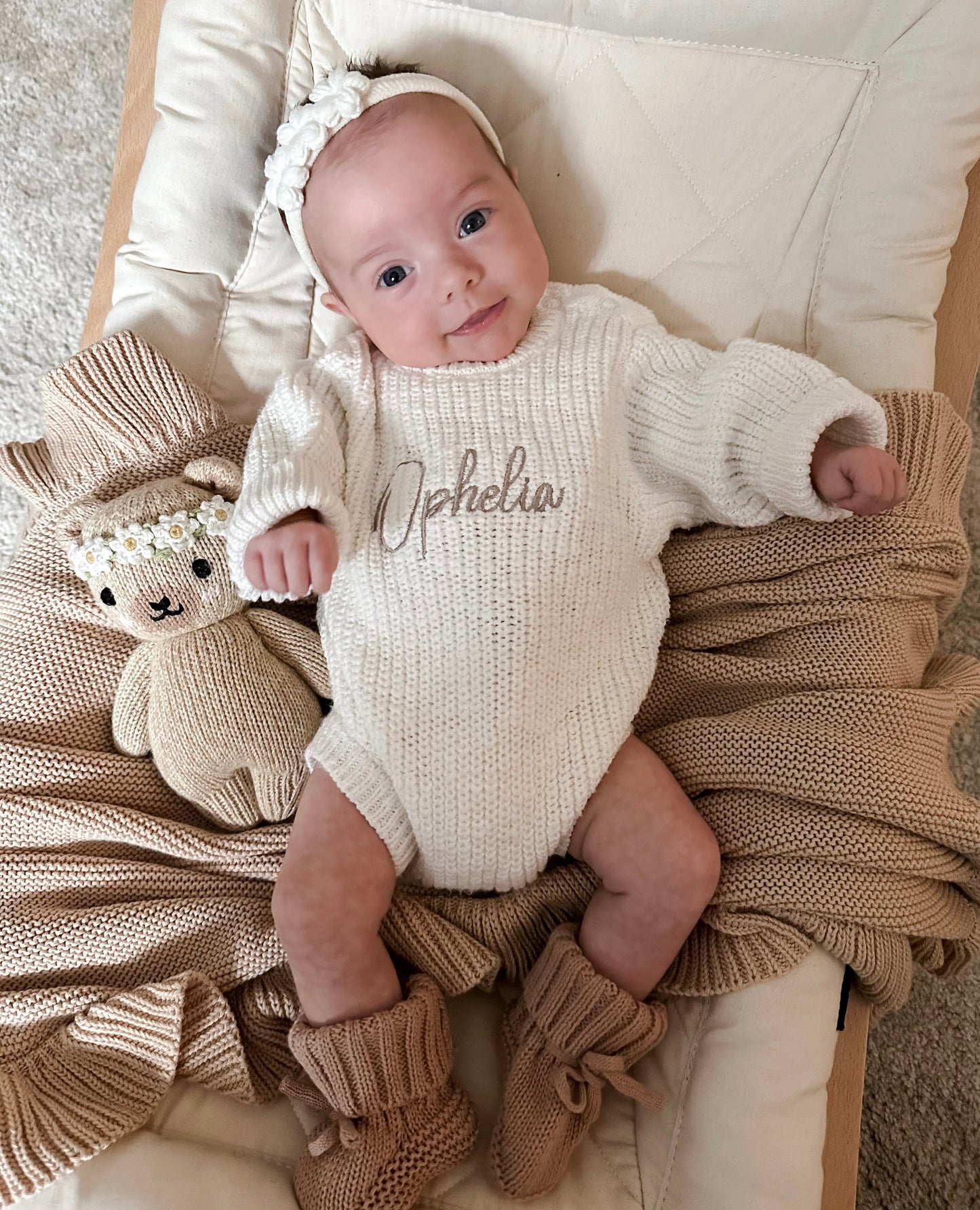 Set | Personalised Chunky Knit Baby Romper & Baby Booties | Ivory
