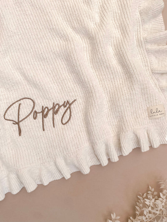 Personalised Frill Baby Blanket | Chunky Knit | Ivory