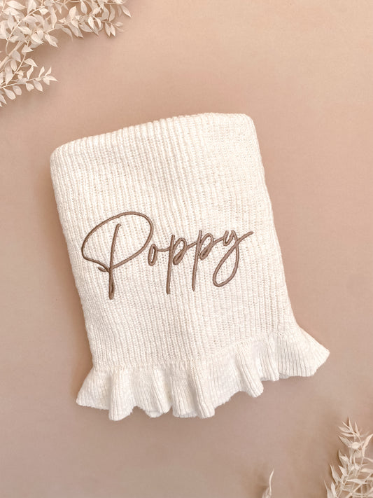 Personalised Frill Baby Blanket | Chunky Knit | Ivory