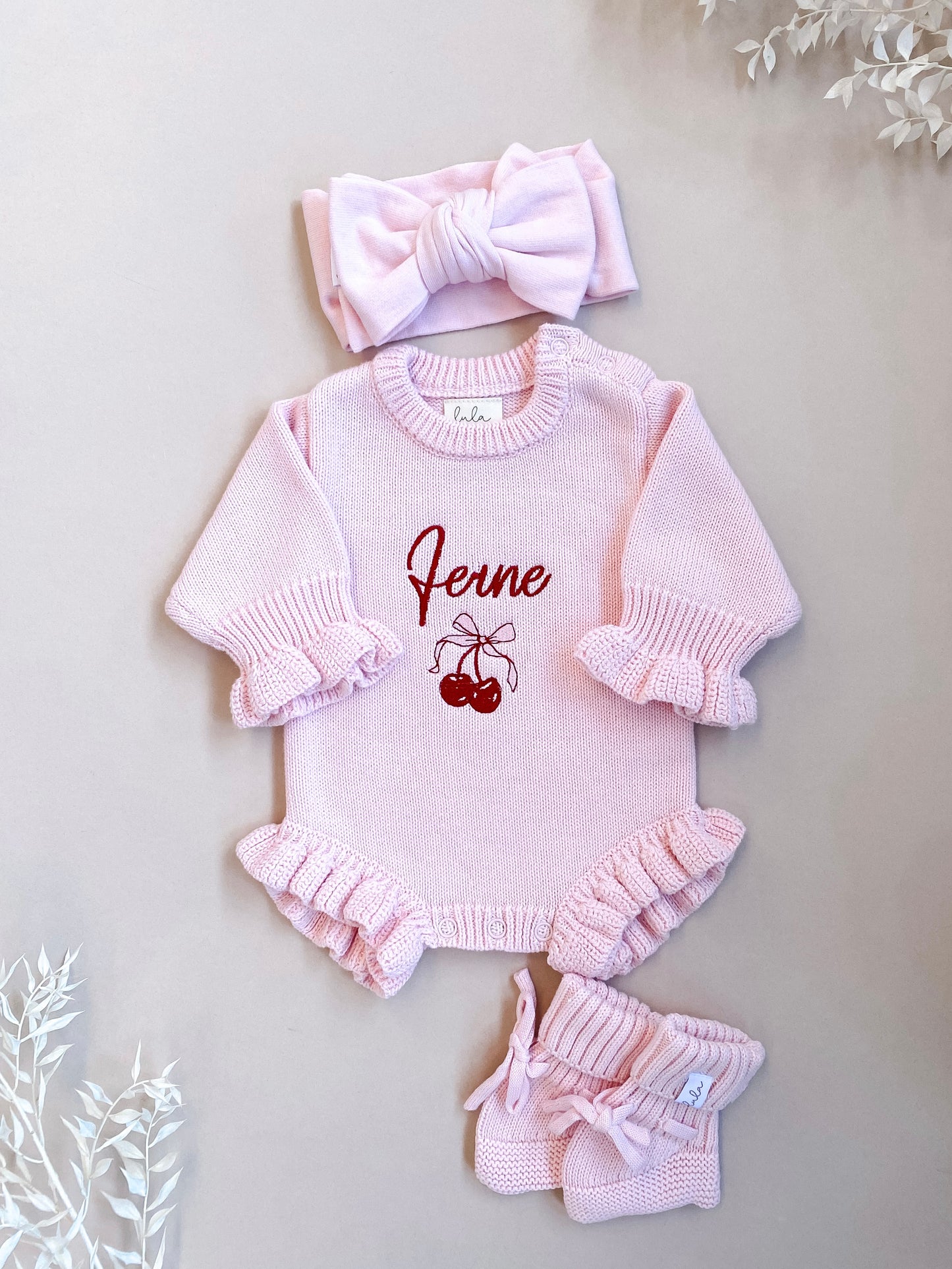 Personalised Frill Knit Cherry Romper | Blossom Pink