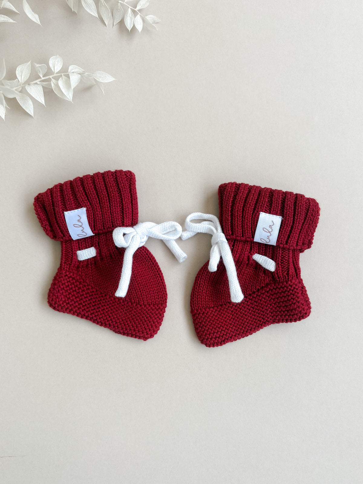 Baby Booties | Chunky Knit | Ruby Red | Milk White Laces