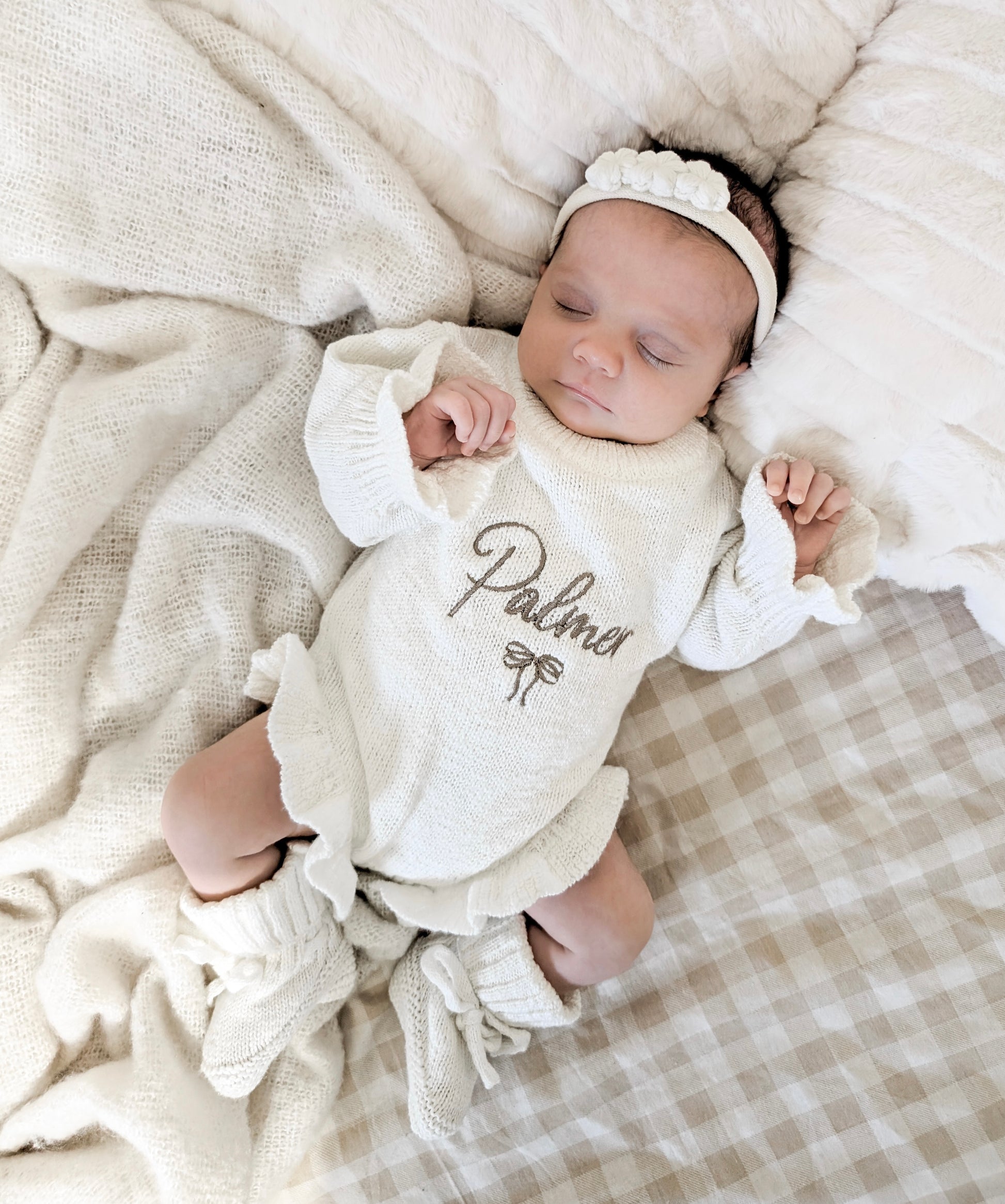 Personalised Frill Knit Baby Romper Name With Bow Embroidery