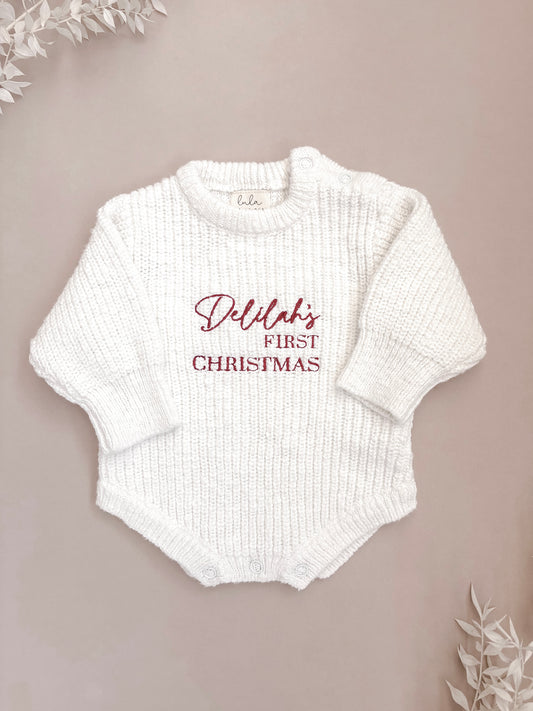 Personalised First Christmas Chunky Knit Baby Romper | Ivory