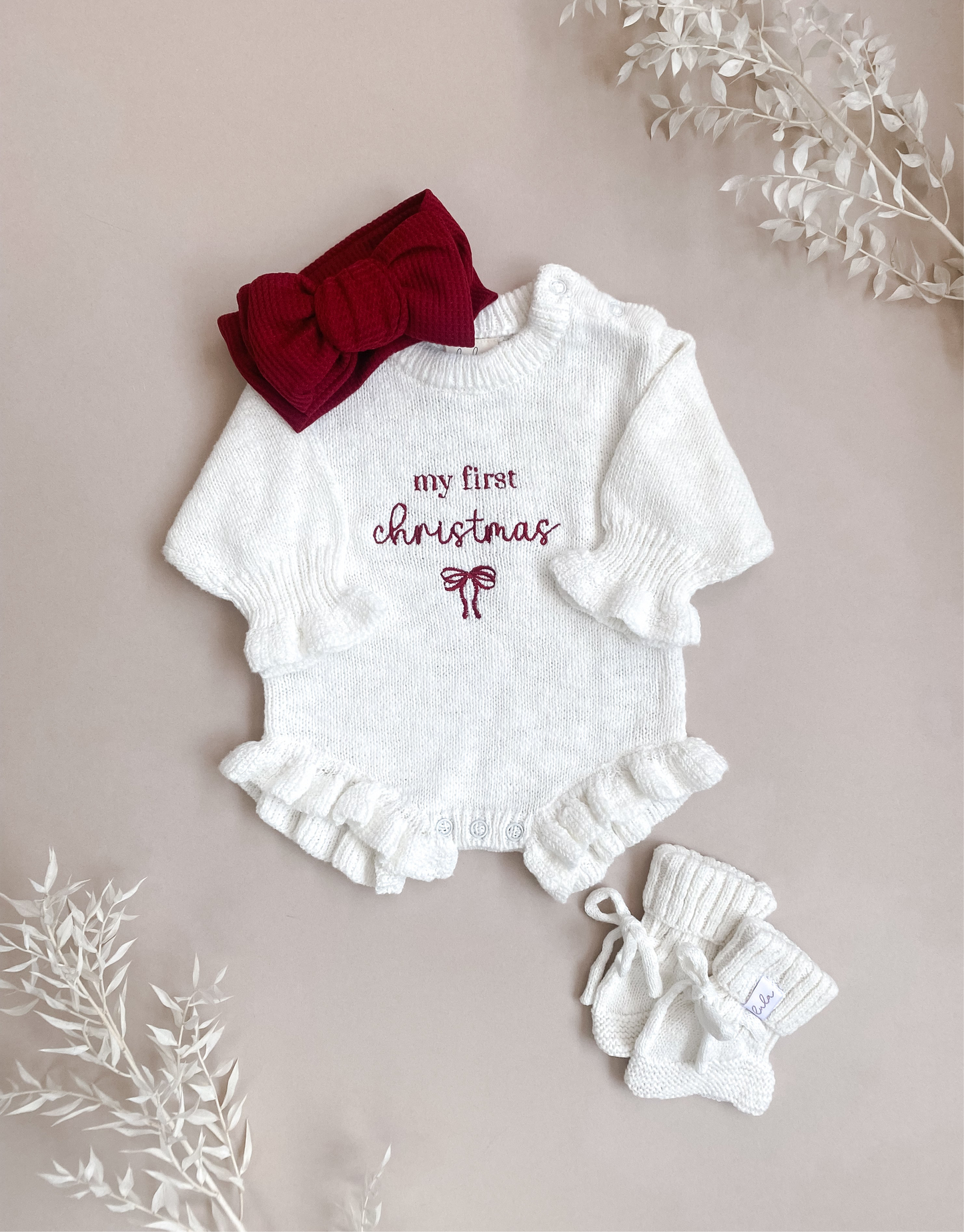 My First Christmas | Frill Knit Romper | Ivory | Red Embroidery