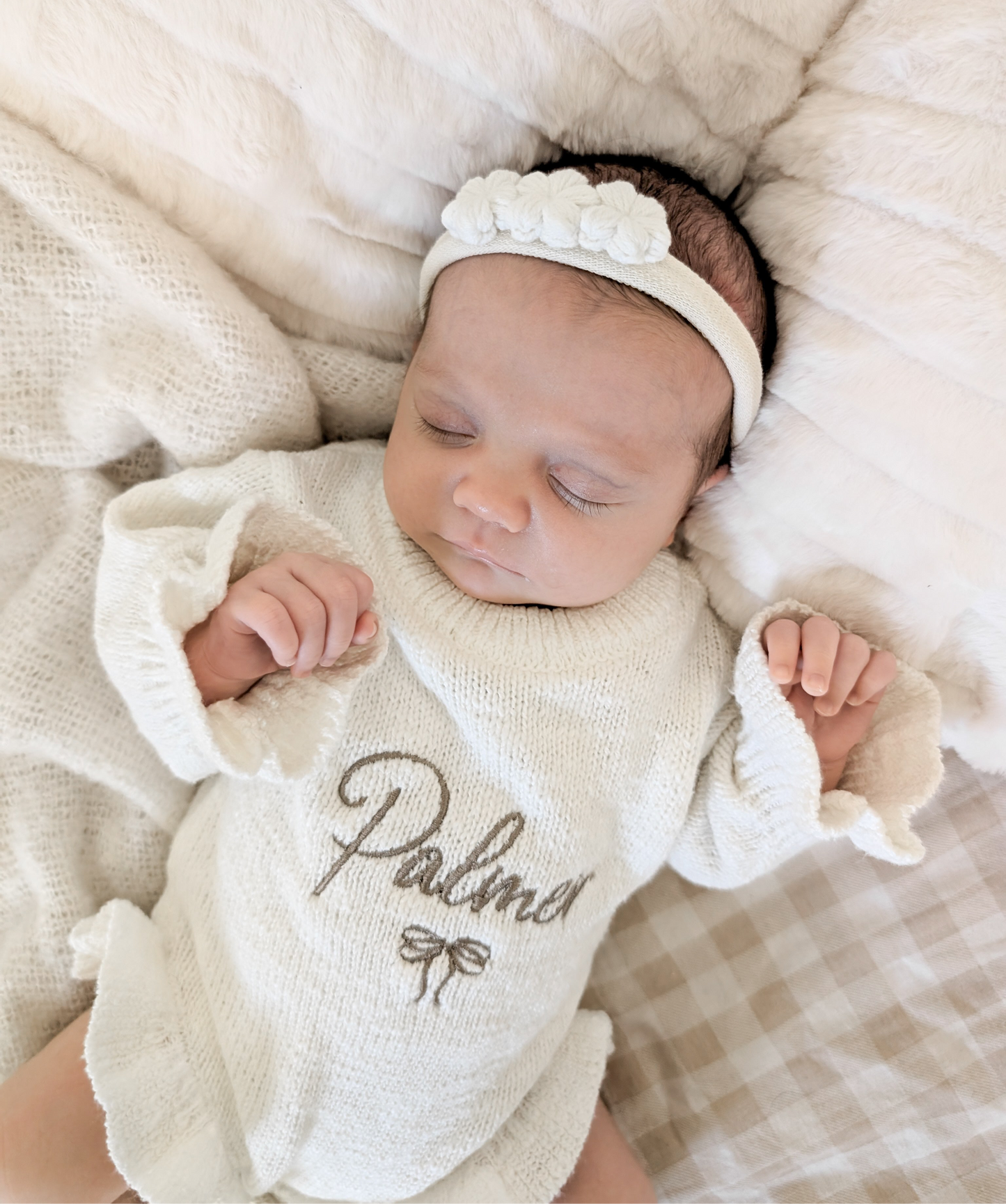 Personalised Frill Knit Bow Romper | Ivory