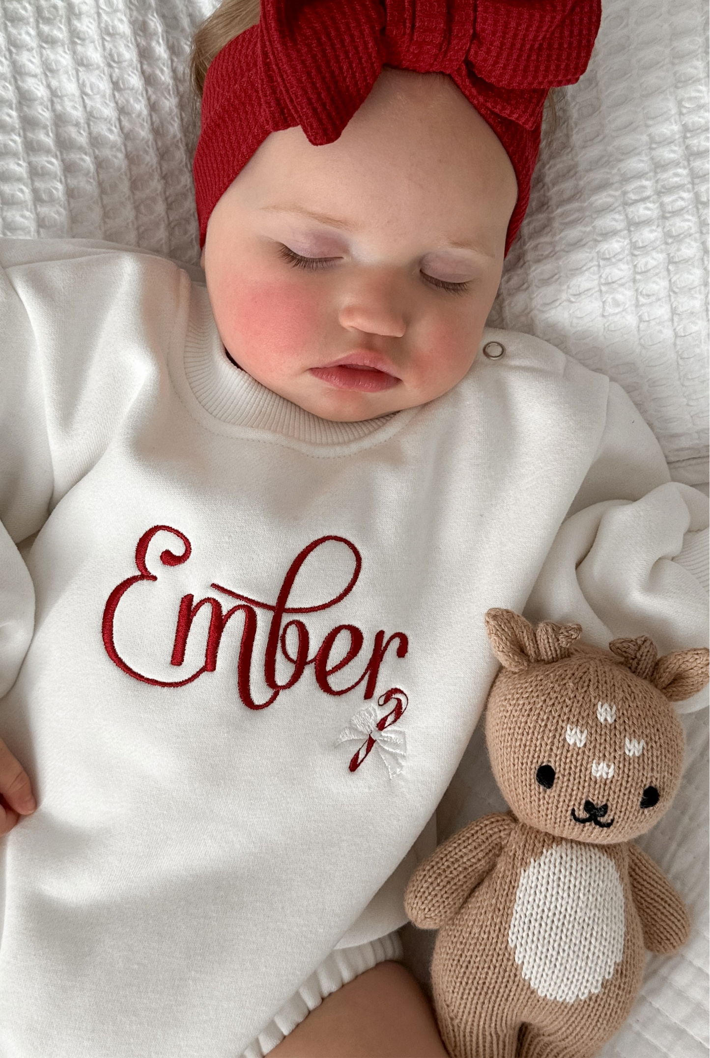 Personalised Christmas Name & Candy Cane | Sweater Romper | Ivory | Red Embroidery