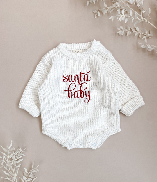 Santa Baby | Chunky Knit Romper | Ivory | Red Embroidery