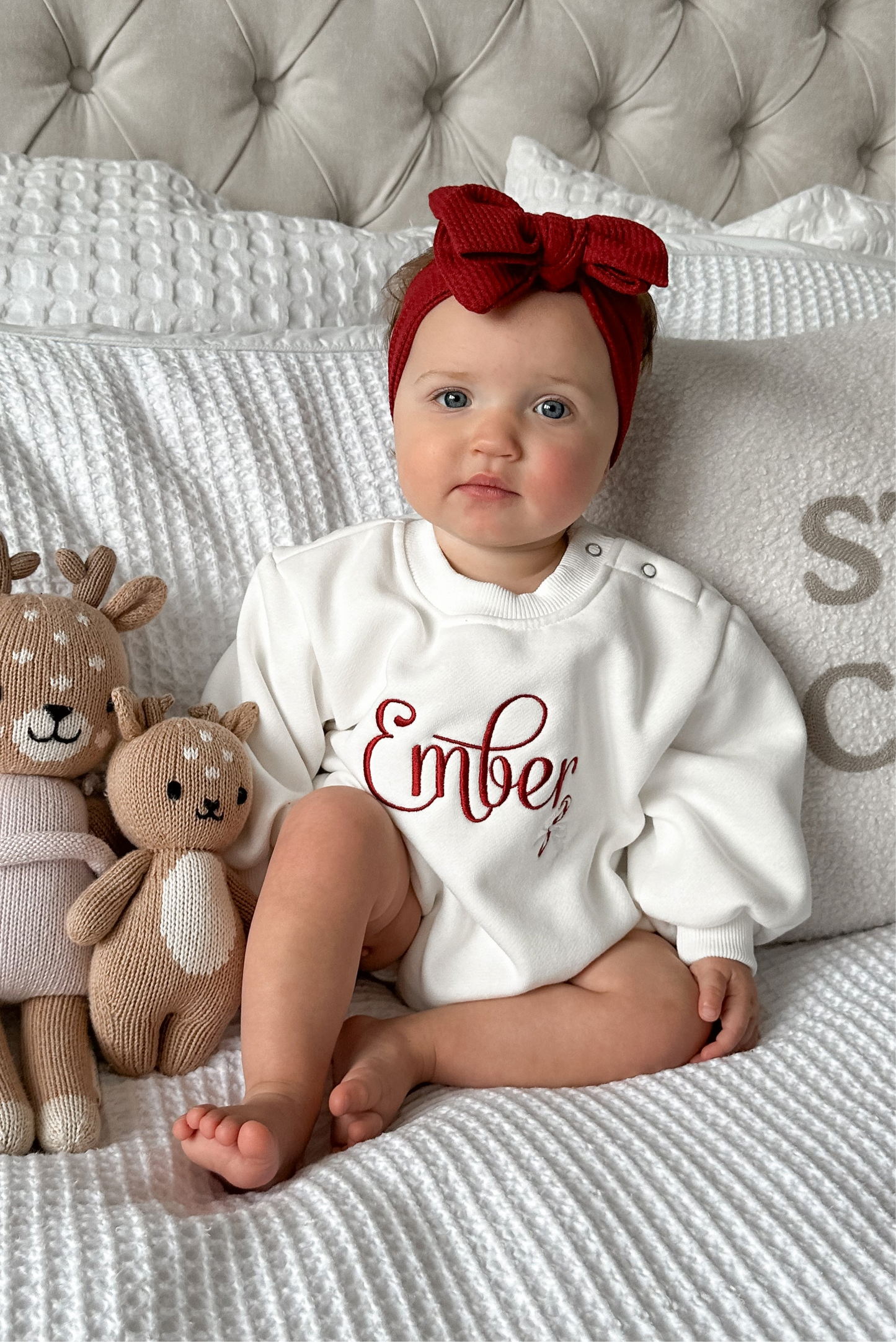 Personalised Christmas Name & Candy Cane | Sweater Romper | Ivory | Red Embroidery