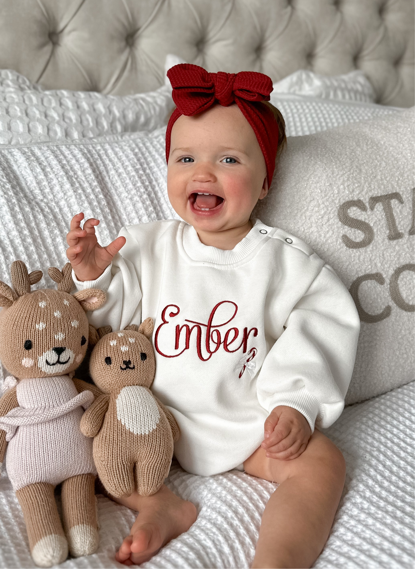 Personalised Christmas Name & Candy Cane | Sweater Romper | Ivory | Red Embroidery