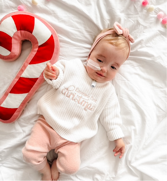 Personalised First Christmas Chunky Knit Jumper | White | Pink Embroidery