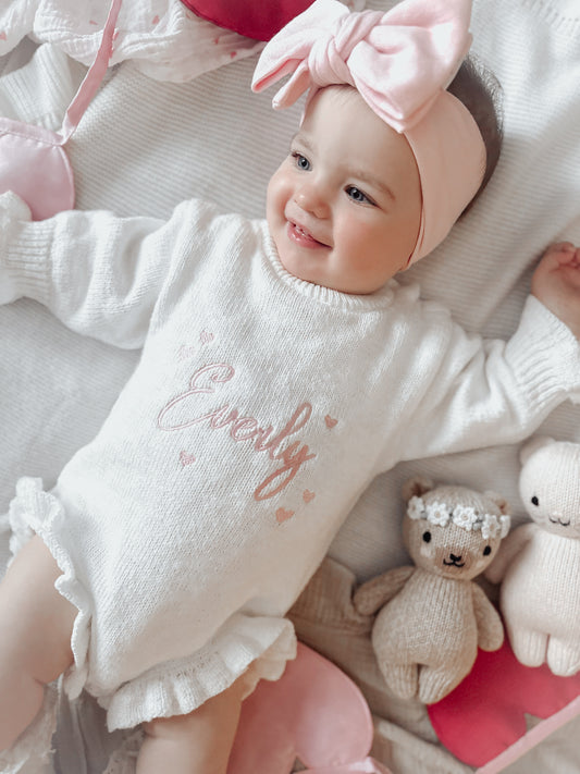 Personalised Frill Knit Hearts Romper | Ivory