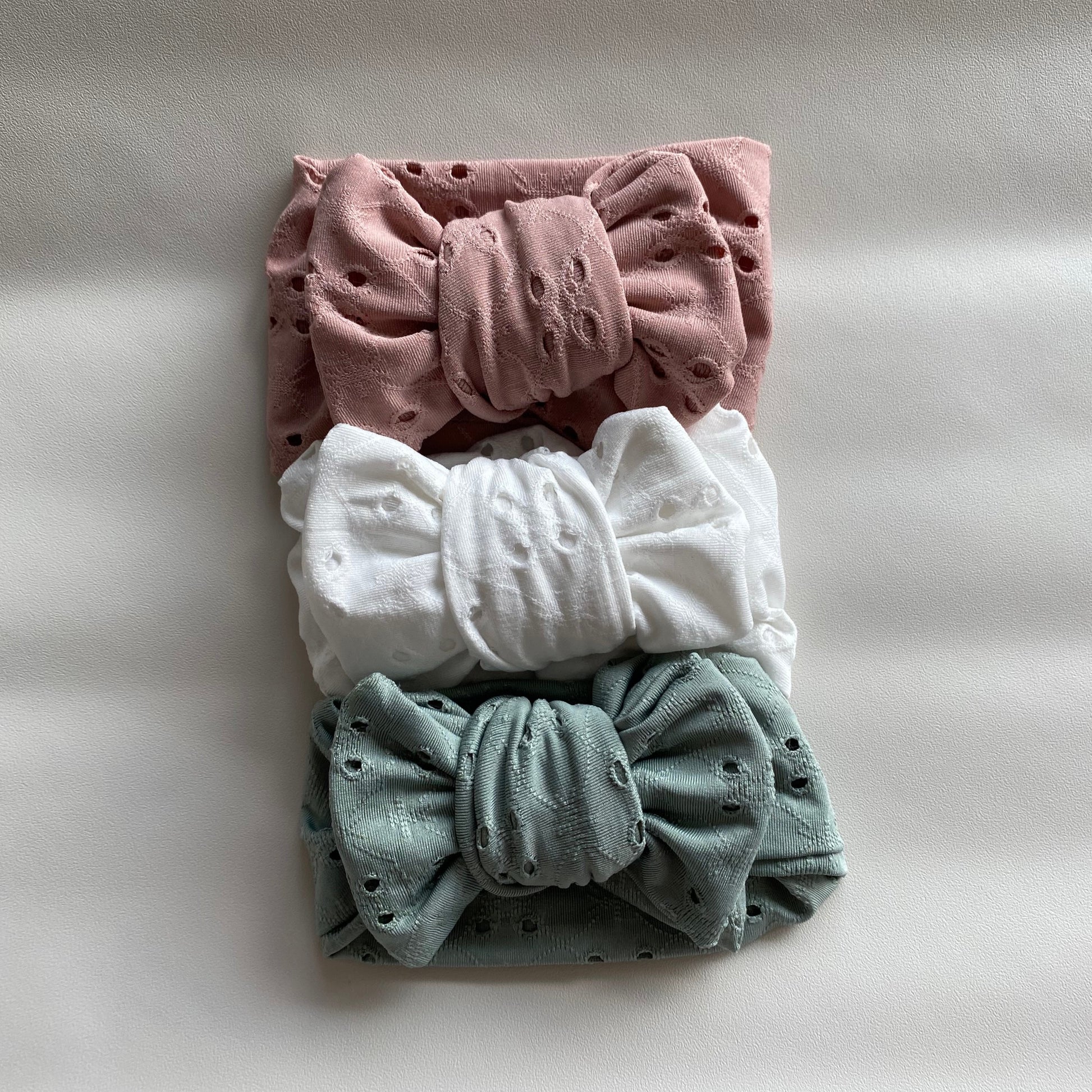 Baby Headband - Pink, White and Sage Broderie Anglaise