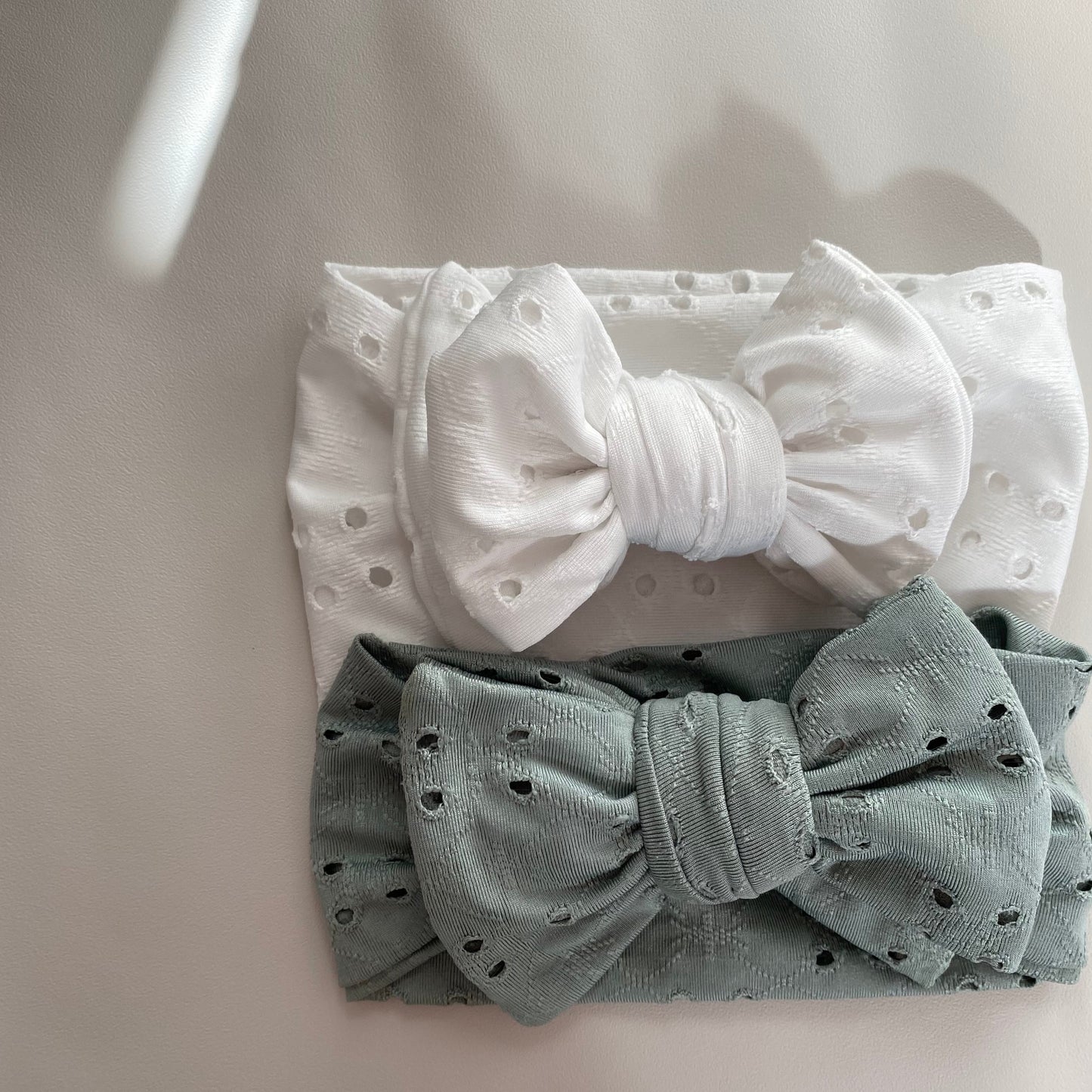 Baby Headbands - White and Sage Broderie Anglaise