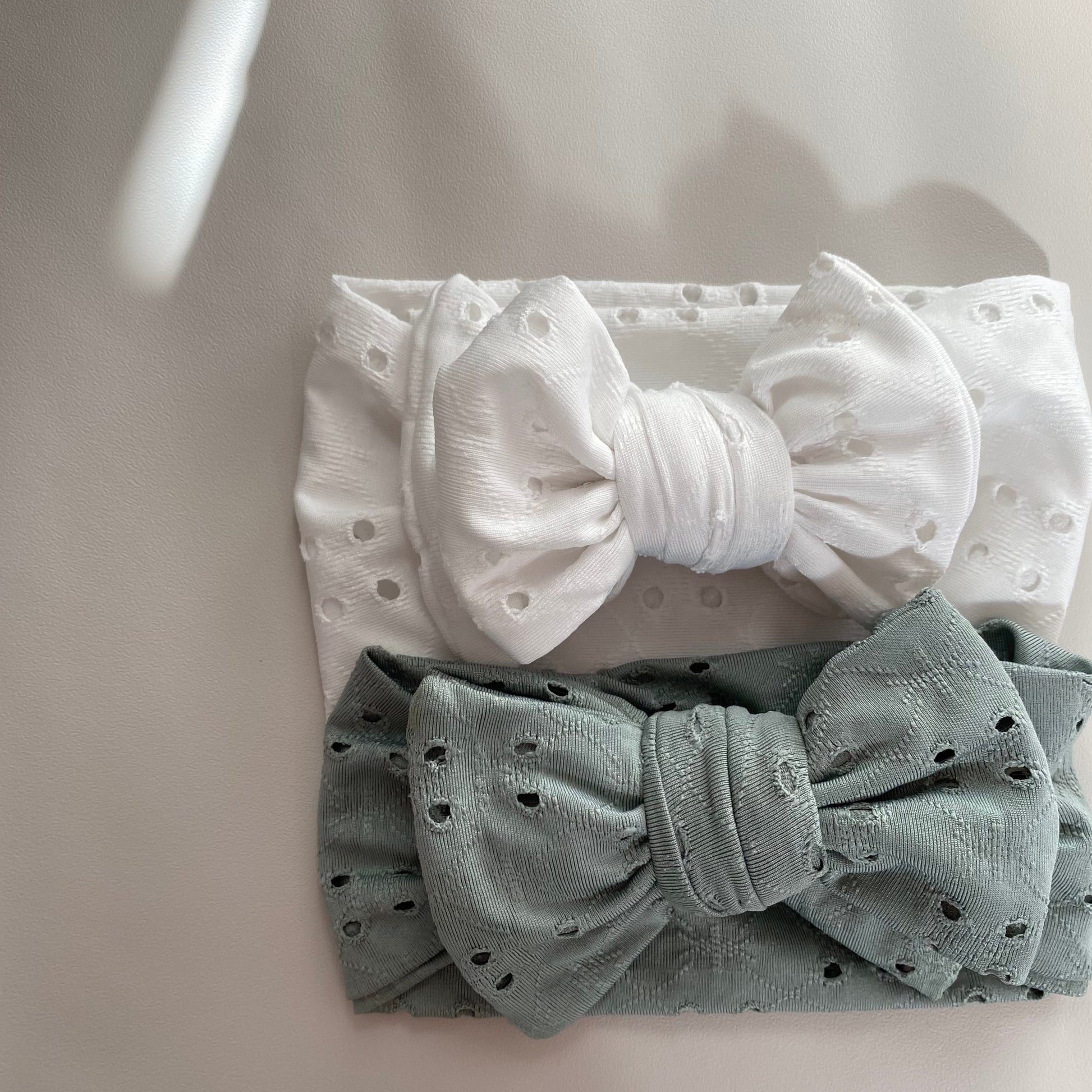 Baby Headband - Sage and White Broderie Anglaise
