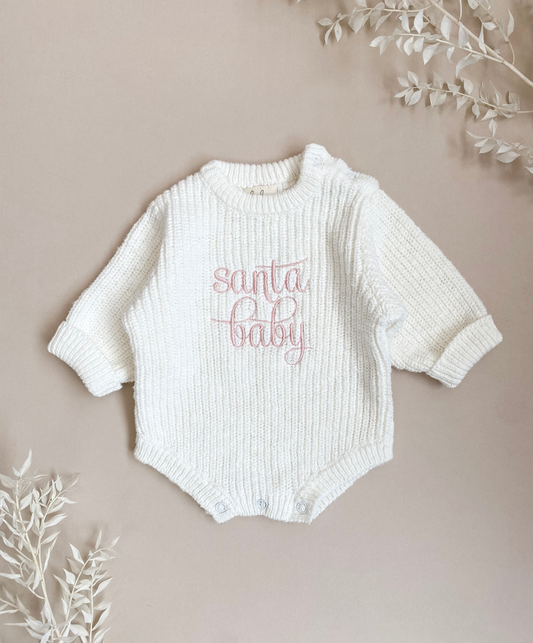 Santa Baby | Chunky Knit Romper | Ivory | Pink Embroidery