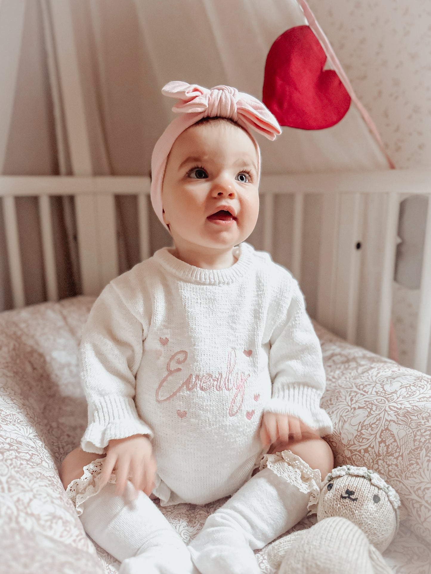 Personalised Frill Knit Hearts Romper | Ivory