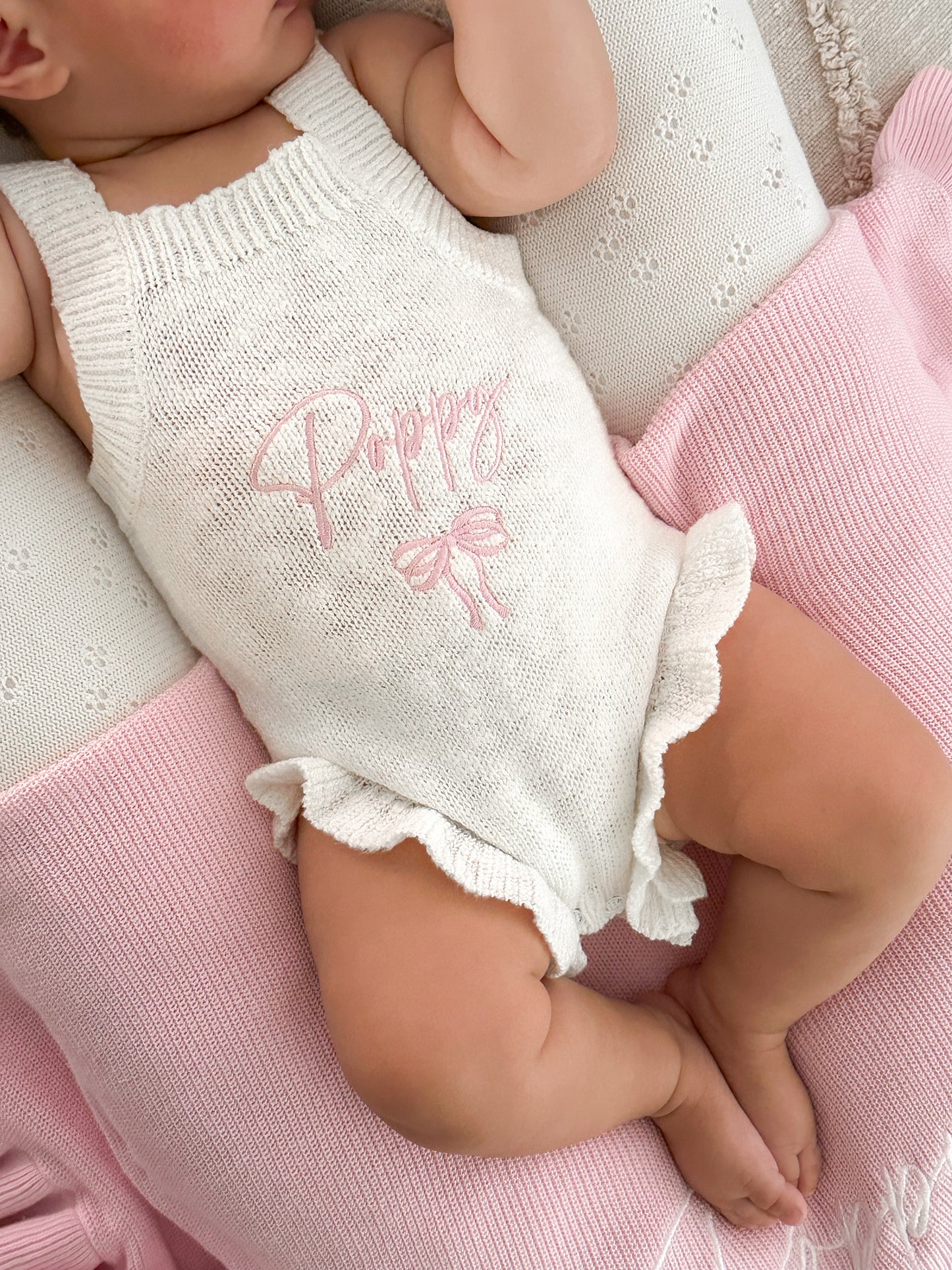 Personalised Sleeveless Frill Knit Bow Baby Romper | Ivory