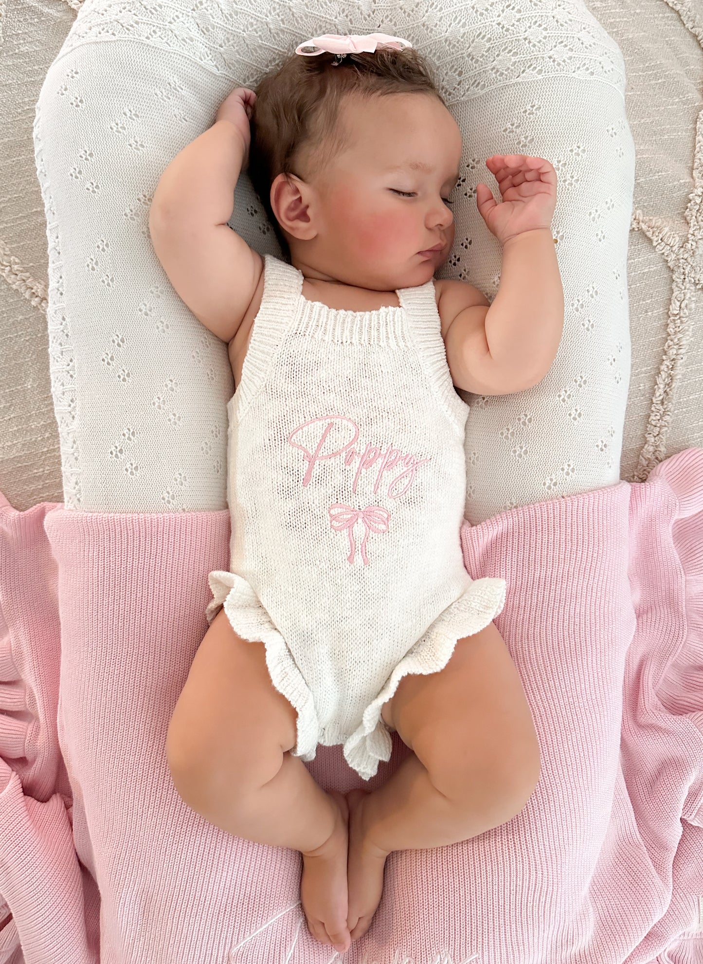 Personalised Sleeveless Frill Knit Bow Baby Romper | Ivory