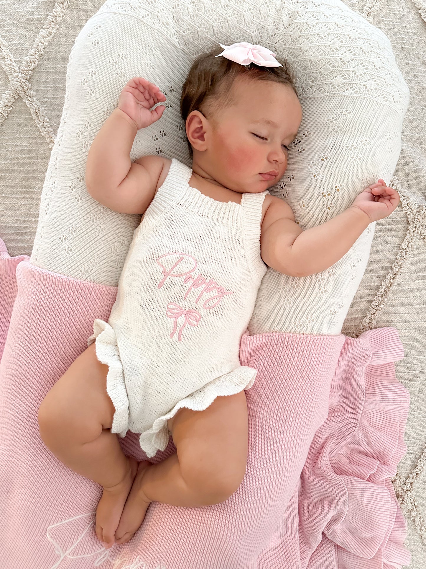 Personalised Sleeveless Frill Knit Bow Baby Romper | Ivory