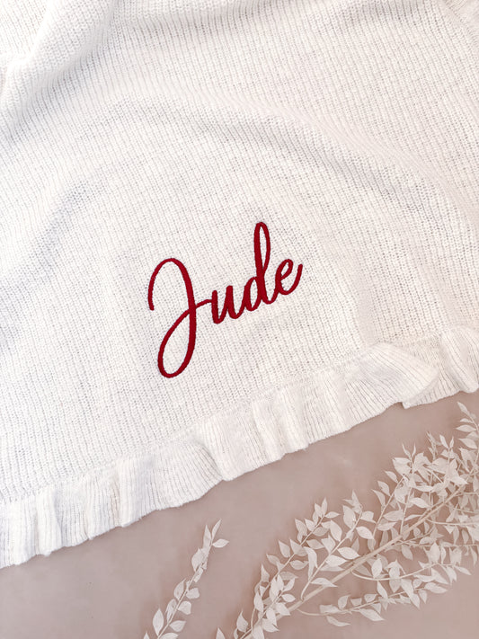 Personalised Christmas Frill Baby Blanket | Chunky Knit | Ivory