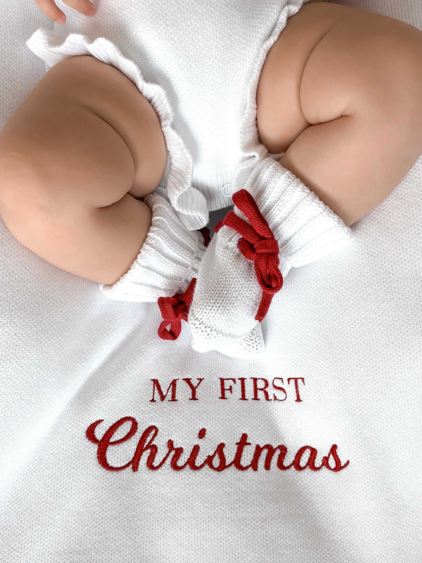 Baby Booties | Chunky Knit | Milk White | Ruby Red Laces