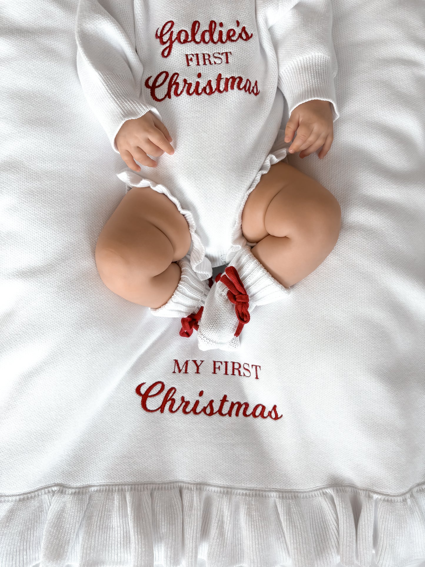 Personalised Christmas Frill Knit Baby Blanket | Milk White
