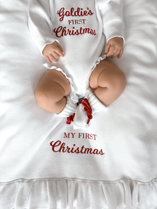 Personalised Christmas Frill Knit Baby Blanket | Milk White