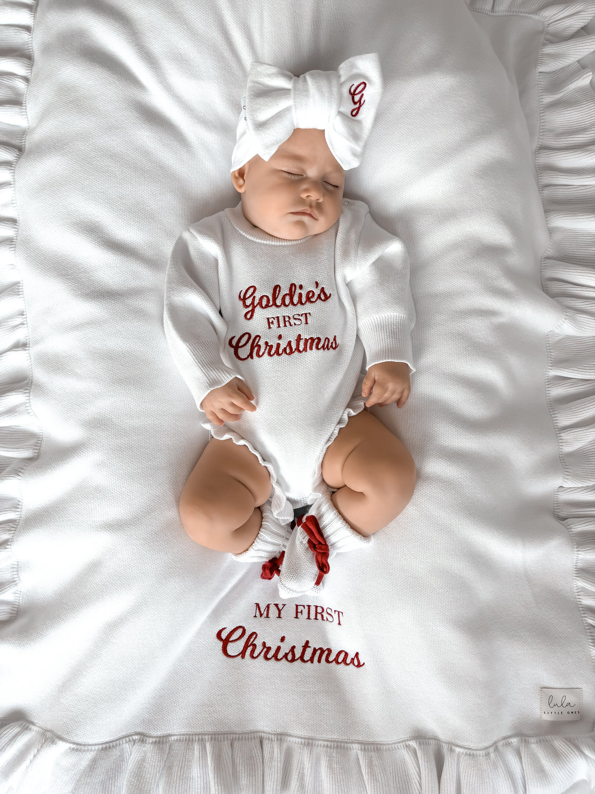 Personalised Christmas Frill Knit Baby Blanket | Milk White