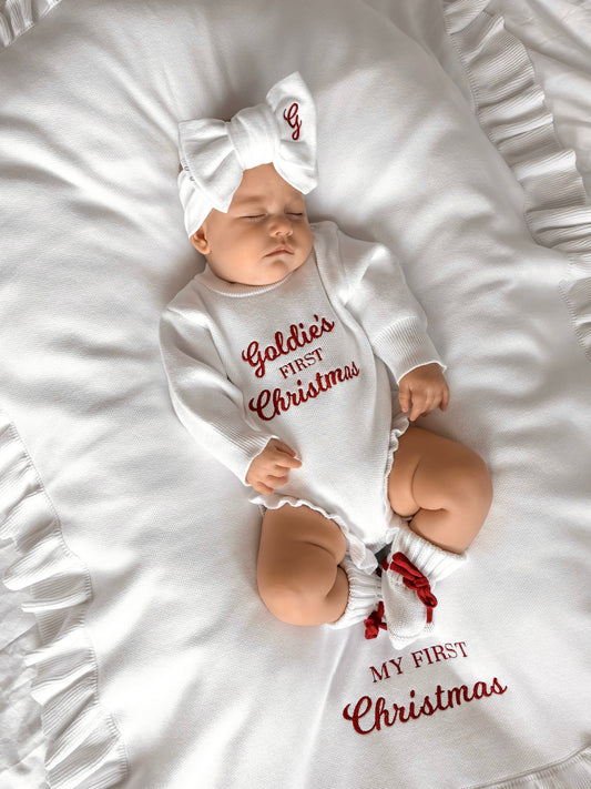 Personalised First Christmas Frill Knit Baby Romper | Milk White