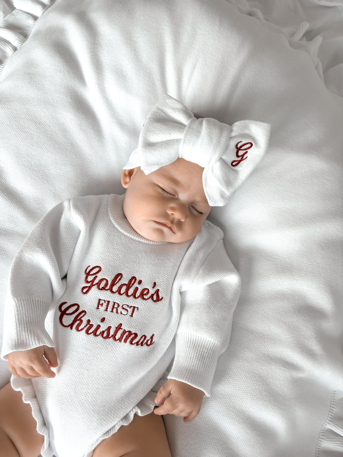 Personalised First Christmas Frill Knit Baby Romper | Milk White