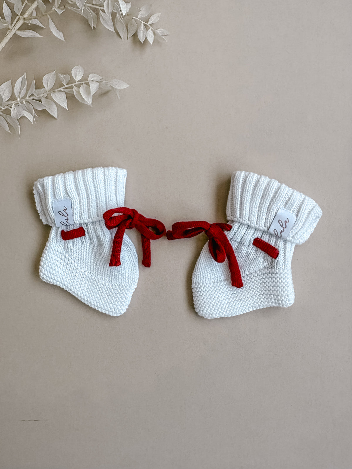 Baby Booties | Chunky Knit | Milk White | Ruby Red Laces