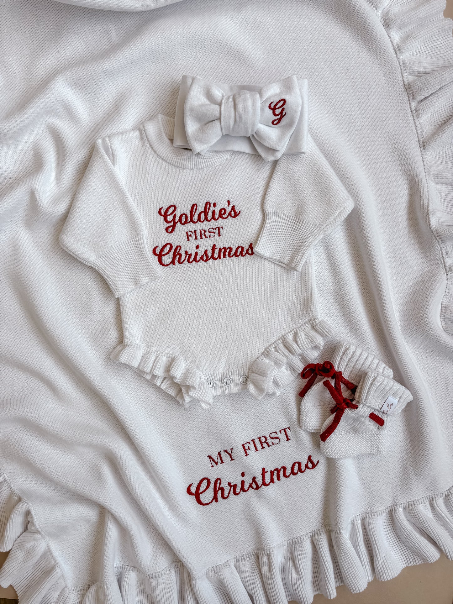 Personalised Christmas Frill Knit Baby Blanket | Milk White