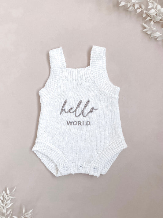 hello world chunky knit newborn romper
