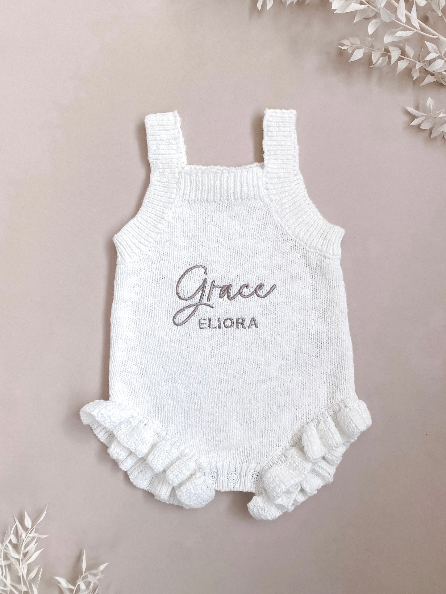 Personalised Sleeveless Frill Knit Baby Romper | Two Names | Ivory
