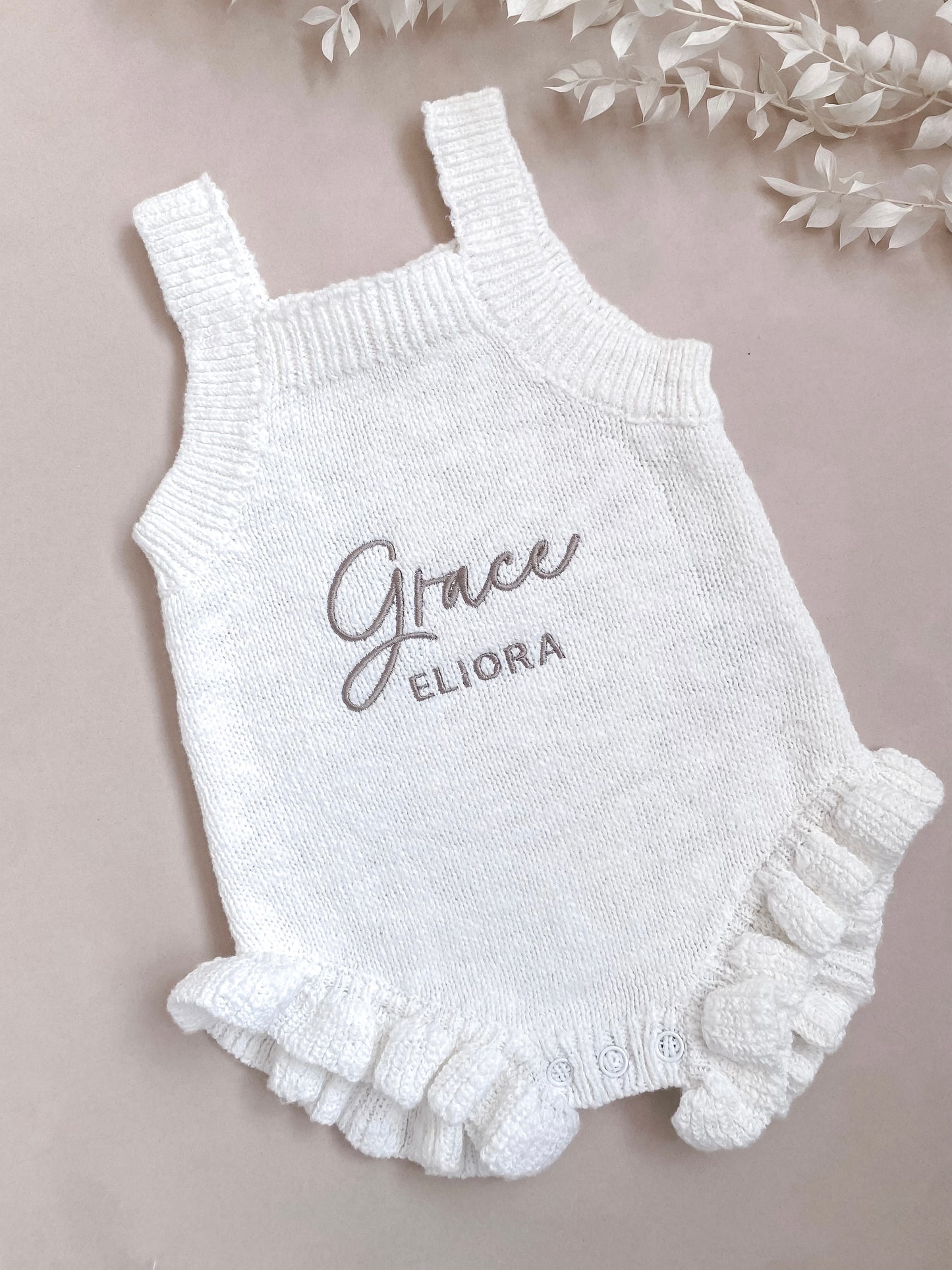 Personalised Sleeveless Frill Knit Baby Romper | Two Names | Ivory