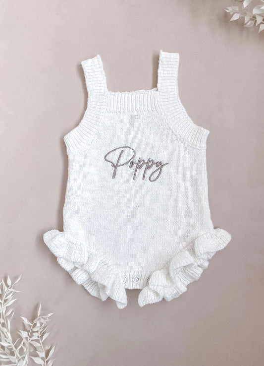 personalised baby clothes - name frill knitted romper ivory