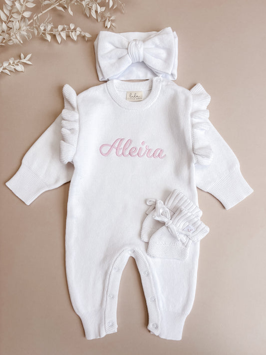 Set | Personalised Full Length Frill Knit Baby Romper & Booties & Topknot | Milk White