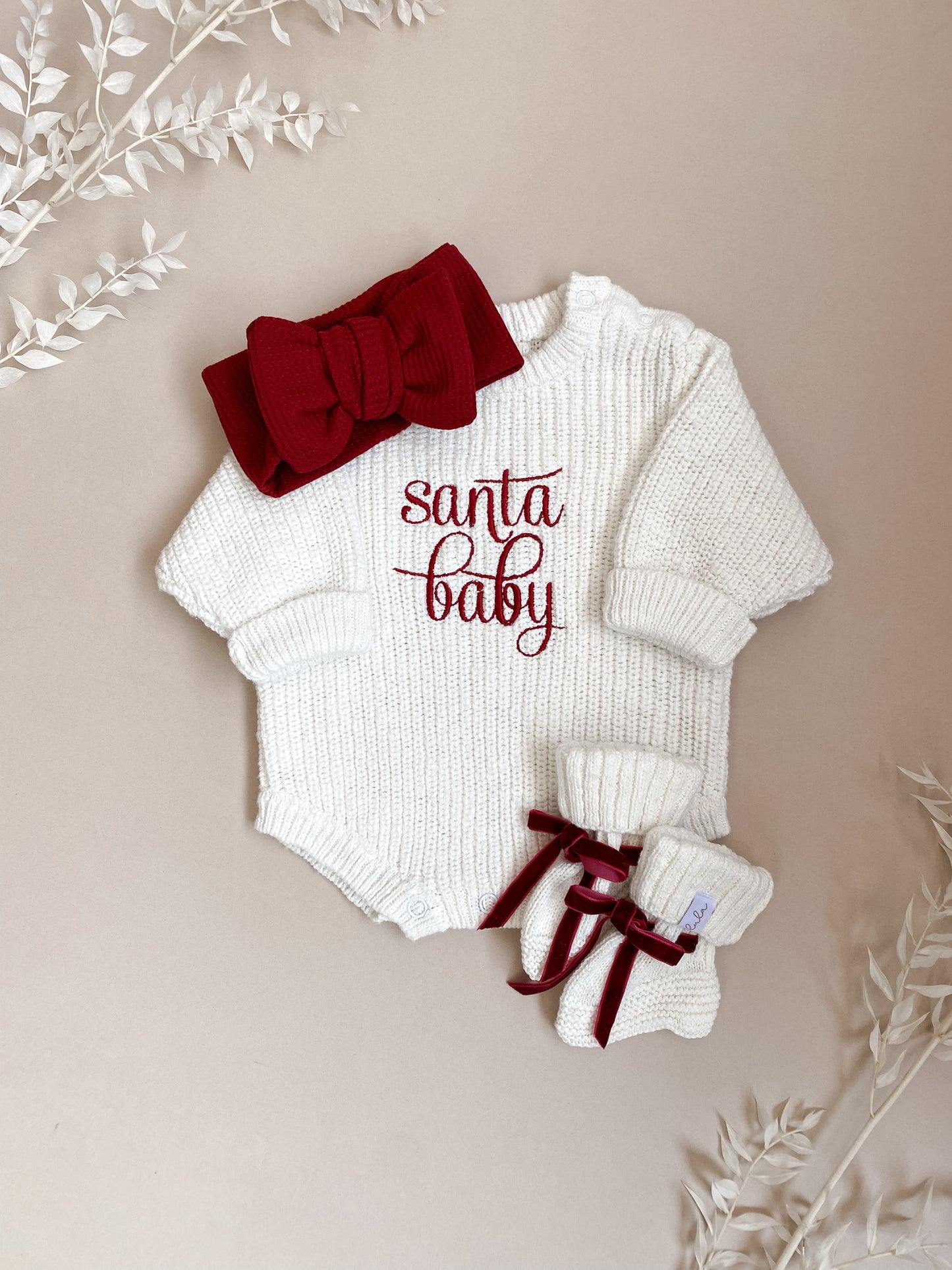 Christmas Baby Booties | Chunky Knit | Ivory | Red Velvet Ribbon