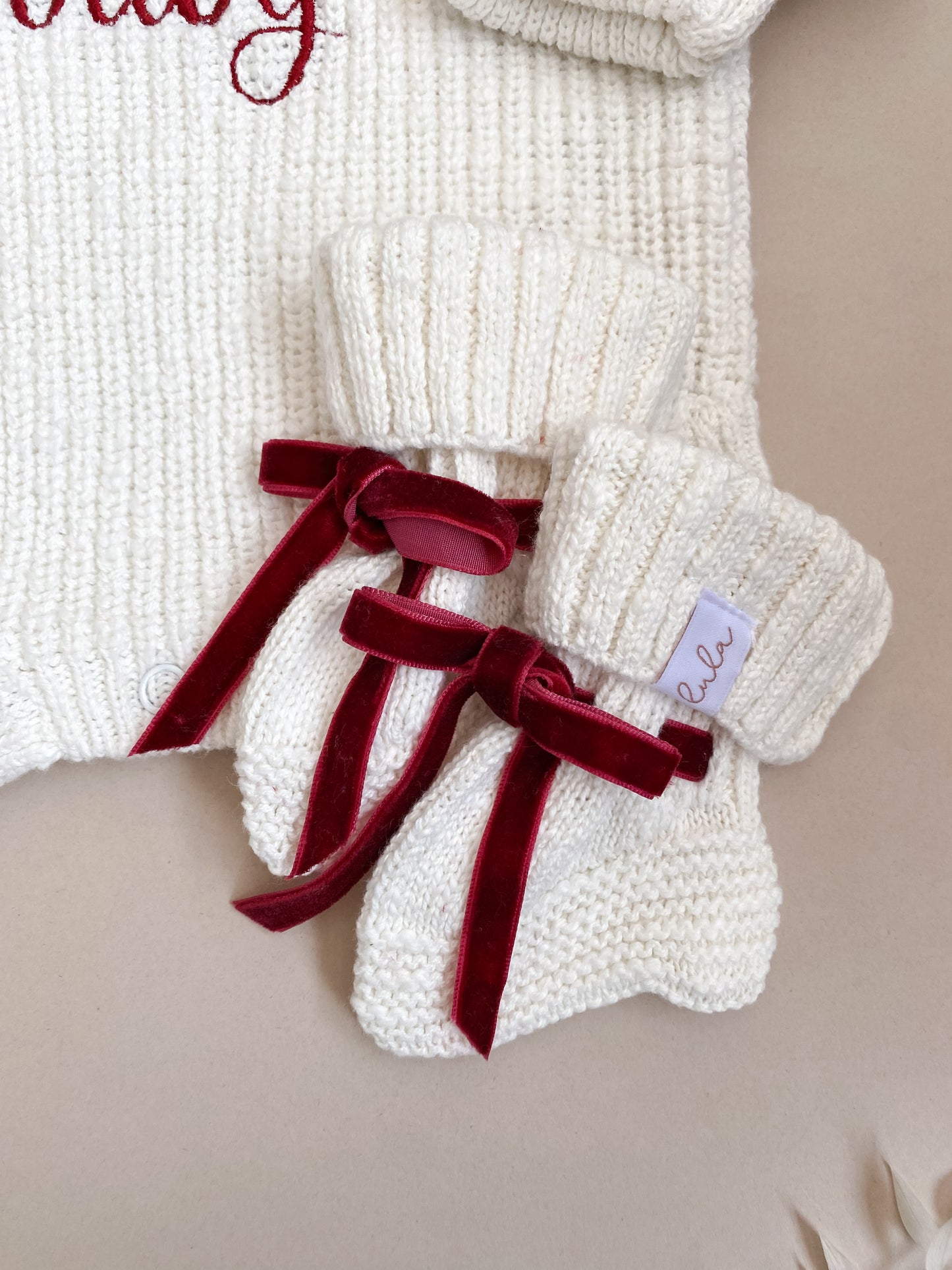 Christmas Baby Booties | Chunky Knit | Ivory | Red Velvet Ribbon