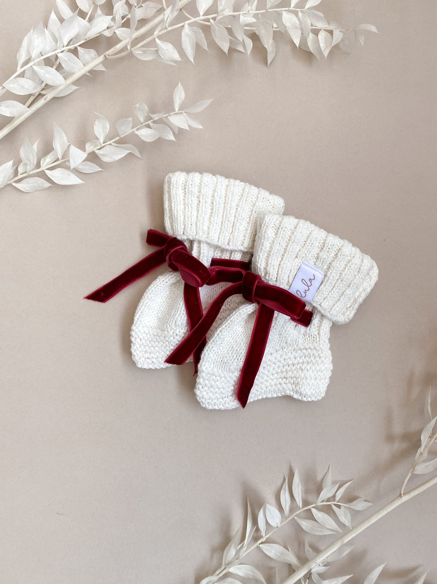 Christmas Baby Booties | Chunky Knit | Ivory | Red Velvet Ribbon