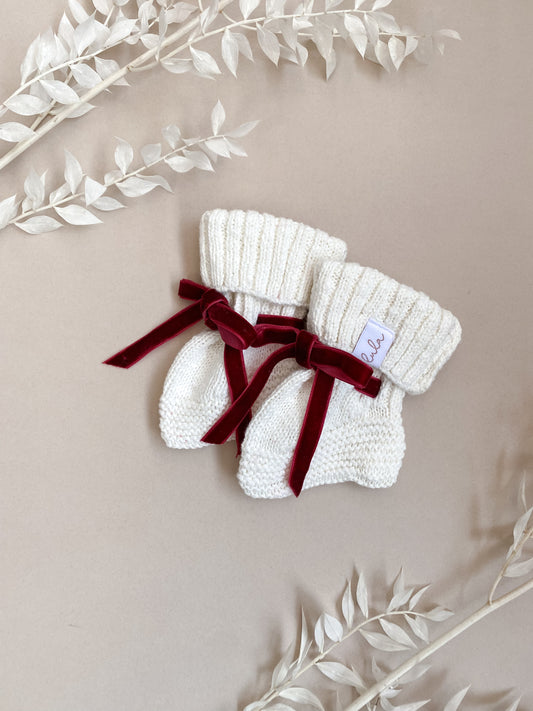 Christmas Baby Booties | Chunky Knit | Ivory | Red Velvet Ribbon