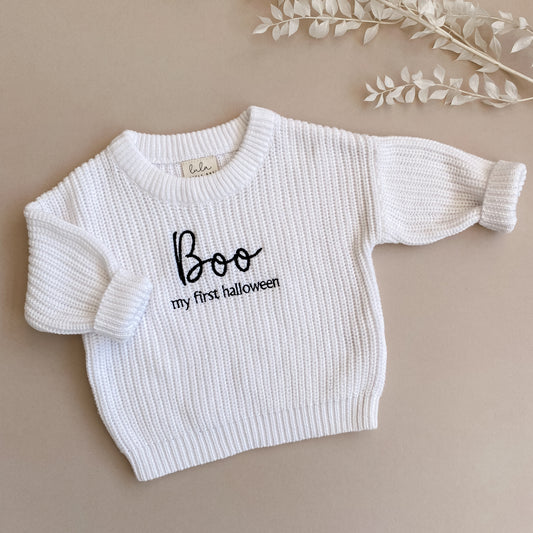 Boo | My First Halloween | Chunky Knit Baby Jumper | White