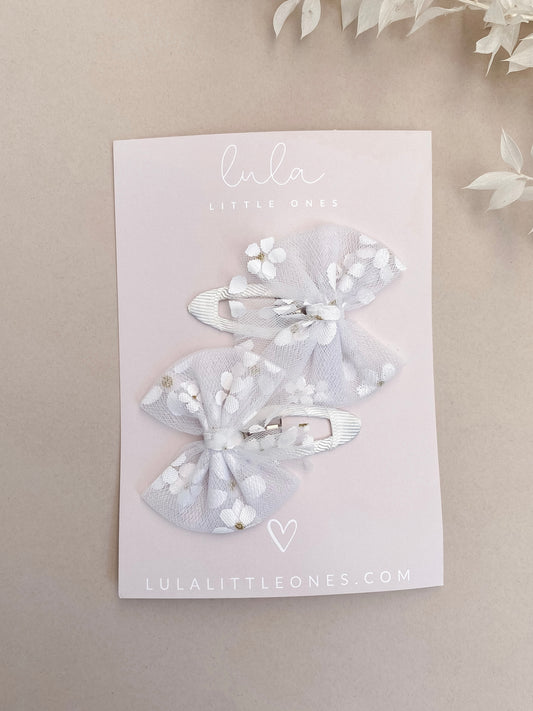 Pigtail Bow Hair Clip Set | White Floral Tulle